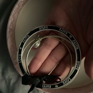 Silver tone faith hope love Inspirational Bangle Set with heart charm